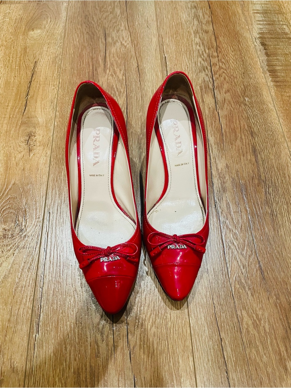 Prada Red Patent Leather Pointed Toe Pumps with Bow